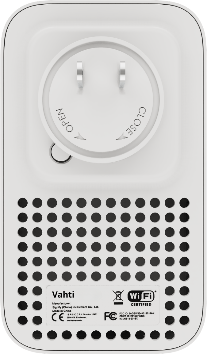 The Vahti Sensor — a small white plug-in device with a perforated dot grid